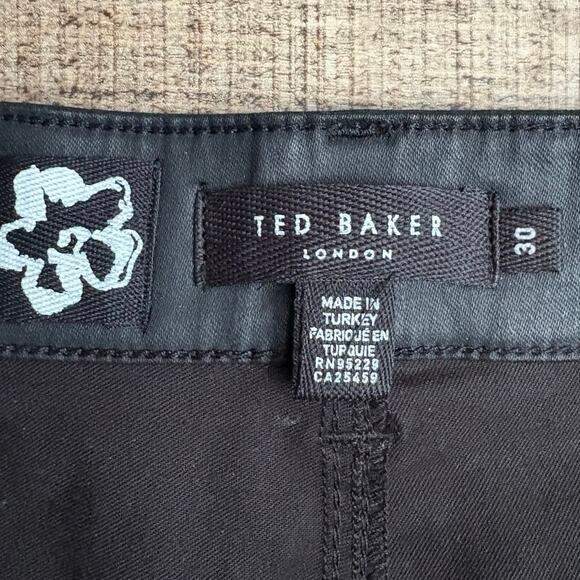 Ted Baker Women’s Black Coated Skinny Pants Sz 30 X 29 Zip Hem Faux Leather Look - Picture 9 of 10
